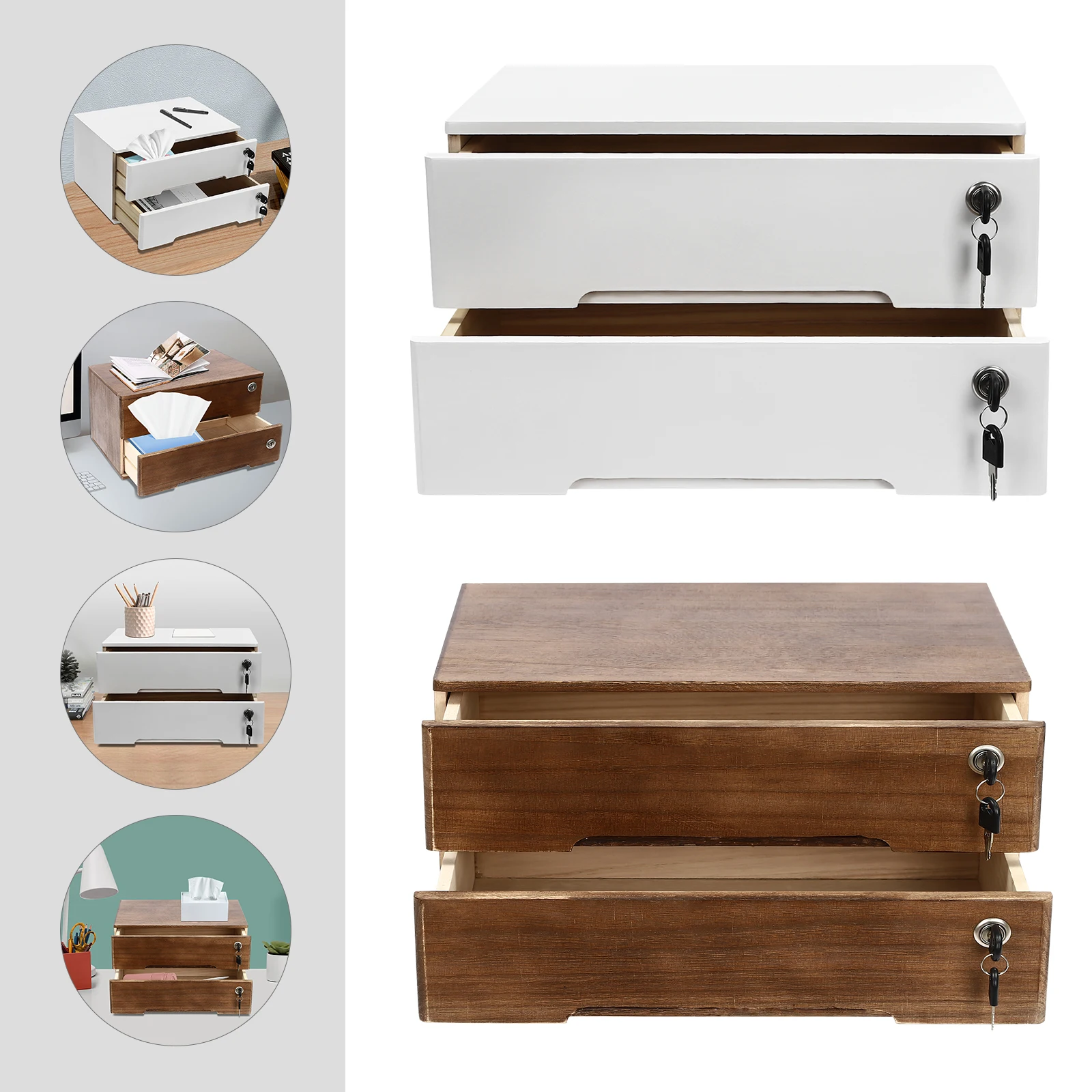 2 Layers Wooden Office Supplies File Organizer Flat File Cabinet Desktop Storage Box with Lockable Drawers White/Walnut