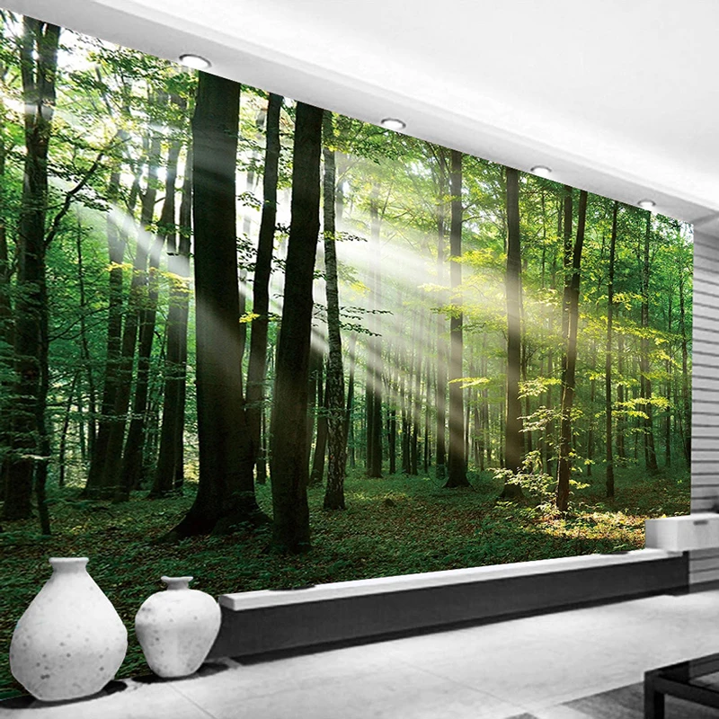 Papel de Parede 3d Personalizado para Quarto Papel de Parede Madeiras Luz Solar Floresta Verde Pintura de Parede Sala de Estar Sofá tv Fundo