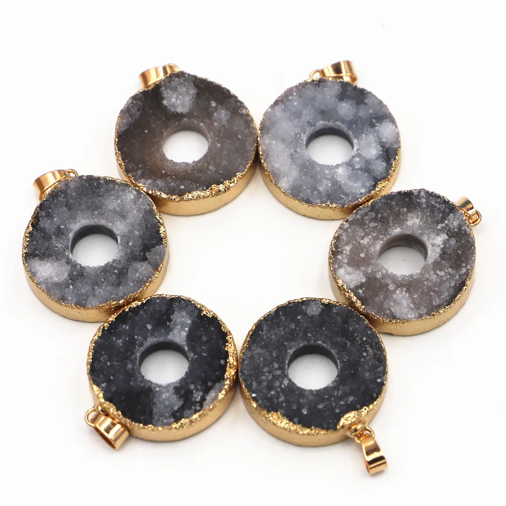 

Natural Stone Gray Agates Round Donuts Druzys Drusy Pendants Charms for Women Men Unisex Jewelry Necklace Making 6PCS Wholesale