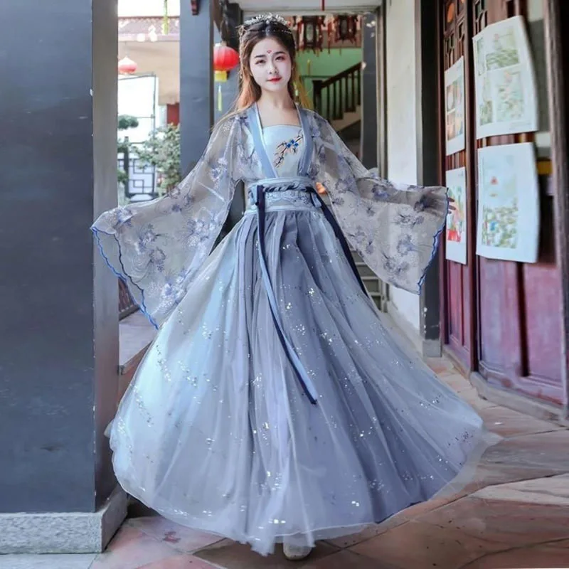 New Chinese Style Fairy Hanfu Suit Polyester Flowery Printing Waistline Casual Dresses Length To Ankle Breathable Women Clothing shuchan boyfriend jeans for women cotton polyester spandex ankle length pants high loose pantalones