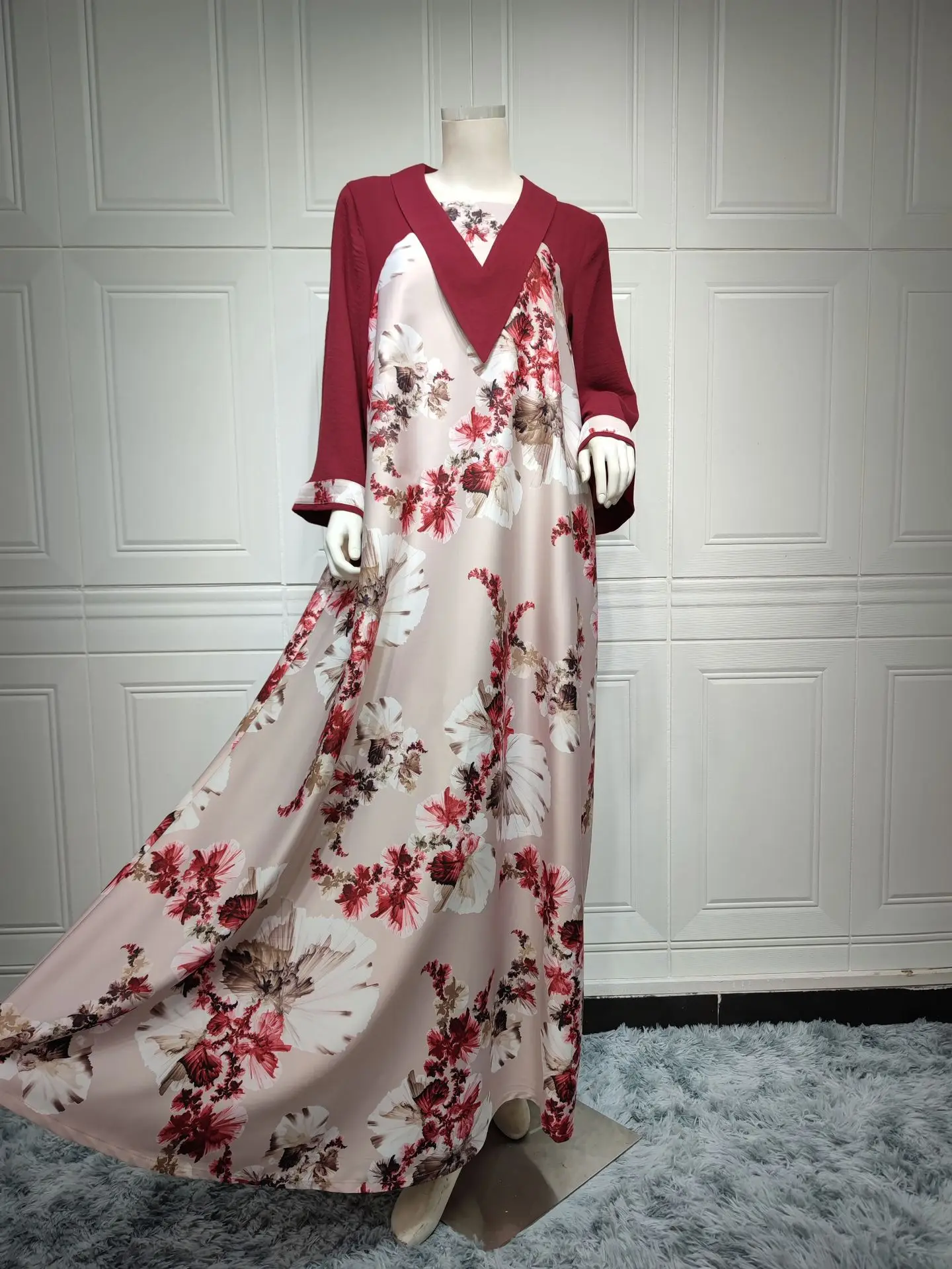 Fashion Elegant Red Floral Contrast Color Casual Women Islamic Daily Party Abaya Clothing Moroccan Dress Ladies Kaftan