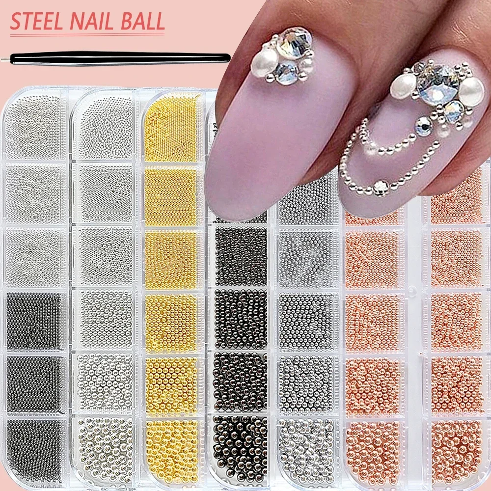 12Grids Mini Caviar Beads Nail Art Decorations Metal Gold/Silver Micro Ball Nail Charms Magnetic Pen 0.5~3mm Ball Nail Jewelry