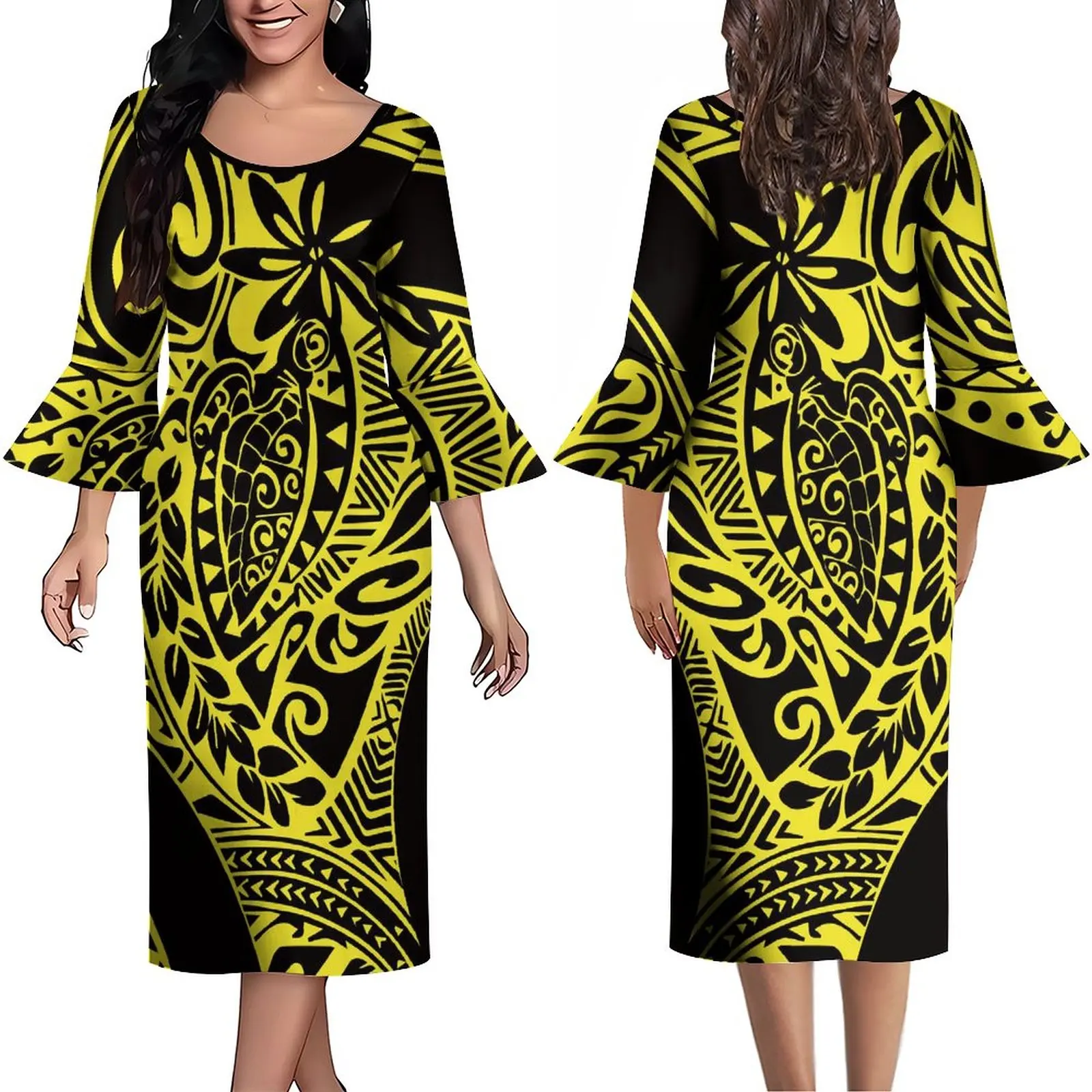 

Женское платье с длинными рукавами, винтажное платье с оборками на манжетах и принтом в полинезийском стиле на заказ, новинка 2023