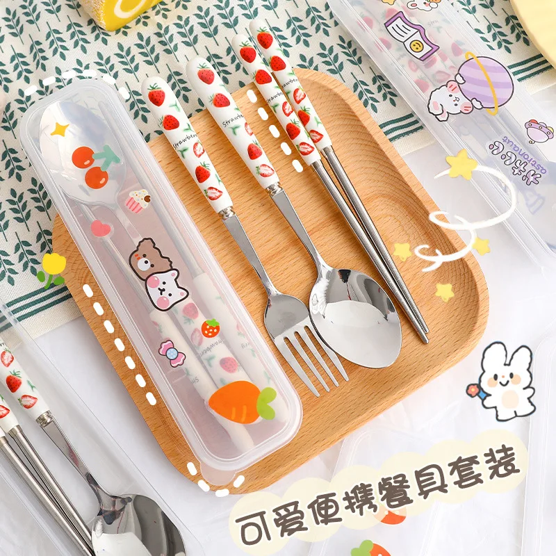 Cute Strawberry Korean Chopsticks Spoon Fork Cutlery Set Stainless Steel  Travel Tableware With Case Portable Kitchen Utensils - AliExpress