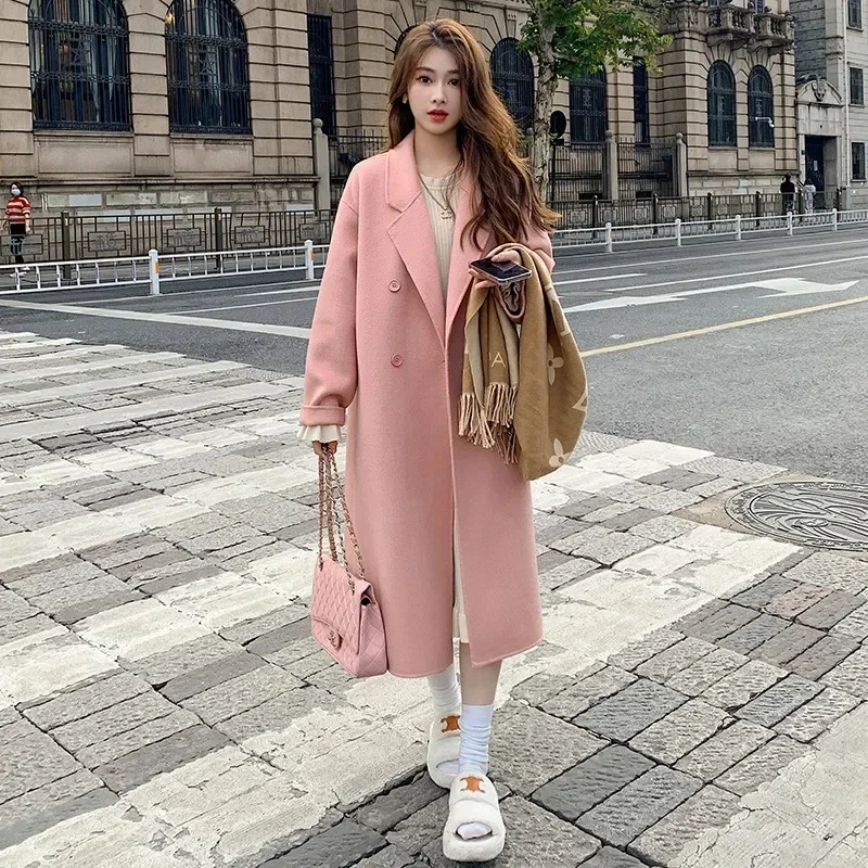울블렌코트 따뜻한 모직 소재의 블랙 클래식 코트, 겨울용 퀼트 롱 아브리고스, 한국식 더블 브레스트 오버코트, 울 혼방 재질의 두꺼운 자켓 8 핑크 여성용 중간 길이 모직 코트, 루즈하고 다목적 헵번 스타일, 작은 모직 코트, 한국 버전, 2023 가을 겨울 신상