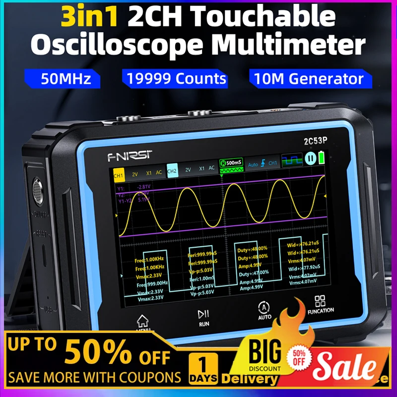 Digital Multimeter Digital Oscilloscope Signal Generator FNIRSI 2C53P 3 in 1 Digital Handled Oscilloscope Multimeter Signal Generator Touch Screen 2 Channel 50MHZ 250Ms/S 19999 Counts