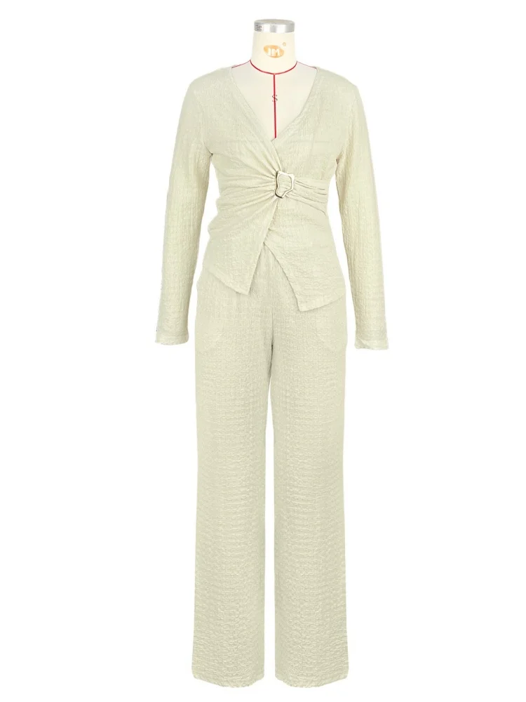 Wmstar Two Piece Set Women Wholesale Cross Border Elastic Jacquard Pleated V Neck Waist Buckle Cinching Slimming Wide Leg Pants