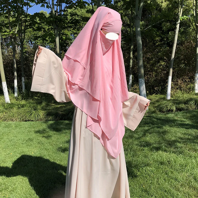 New Three Layer Chiffon Khimar With Niqab Strings Front Two Layer Islamic Clothing Long Tie Back Overhead Prayer Instant Hijab