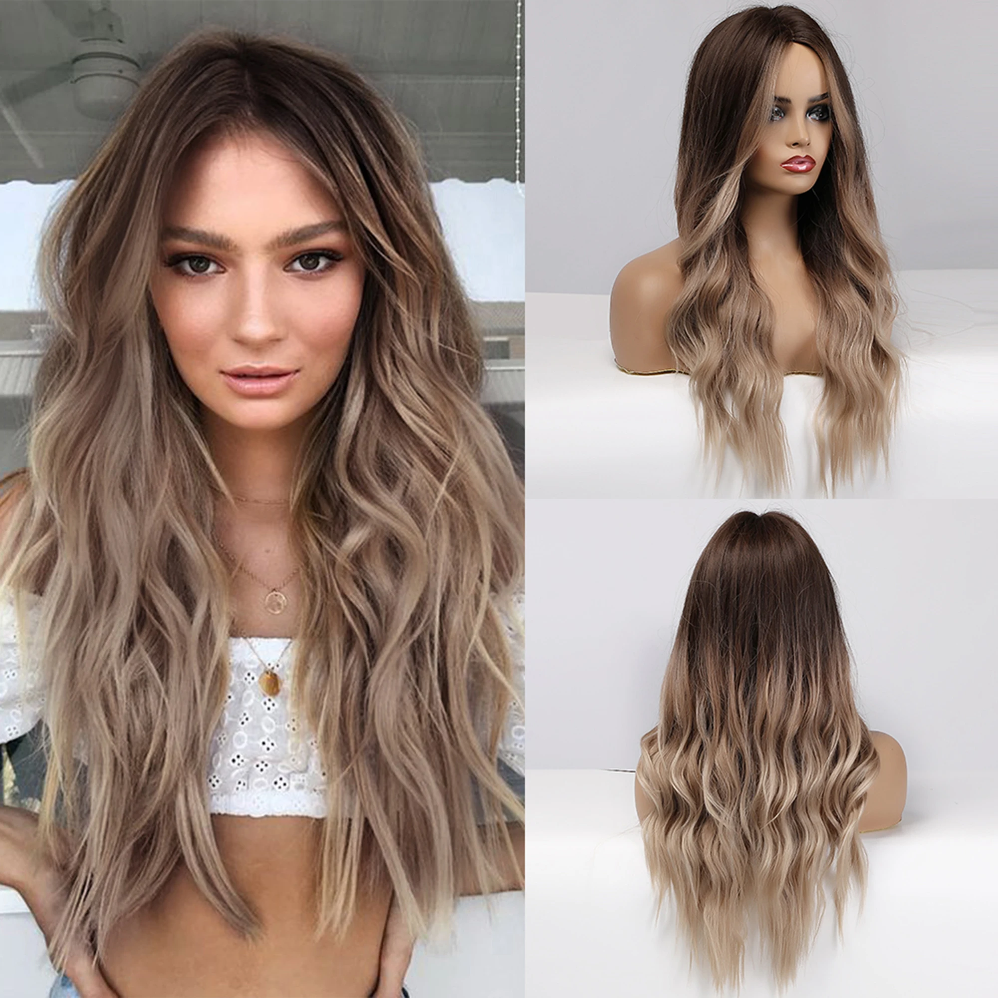 

long wavy ombre hair wig for women heat resistant fiber full wig Woman wigs for female + wig cap human hair wigs with fringe