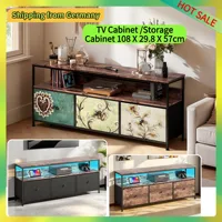 Шкаф для телевизора Comanlai 108 см со светодиодной подсветкой и 3 тканевыми ящиками, шкаф для хранения с металлическим каркасом и деревянной столешницей, тумбочка