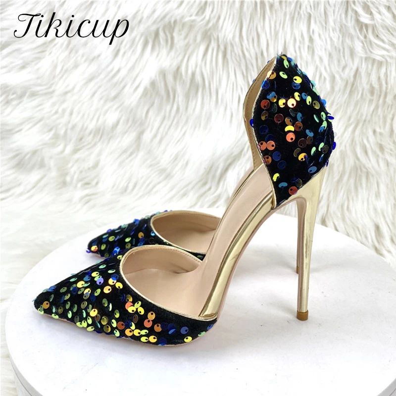 

Tikicup Blue Gold Bling Sequins Women D'Orsay Pointy Toe High Heel Shoes Sparkly Party Wedding Slip On Stiletto Pumps Plus Size