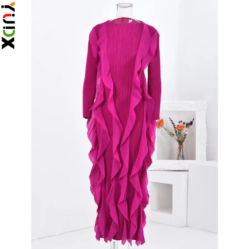 

YUDX Miyake Ruffles Spliced Women's Dress Elegant Round Neck Long Sleeves Slim Dresses Fashion Party 2024 Spring New