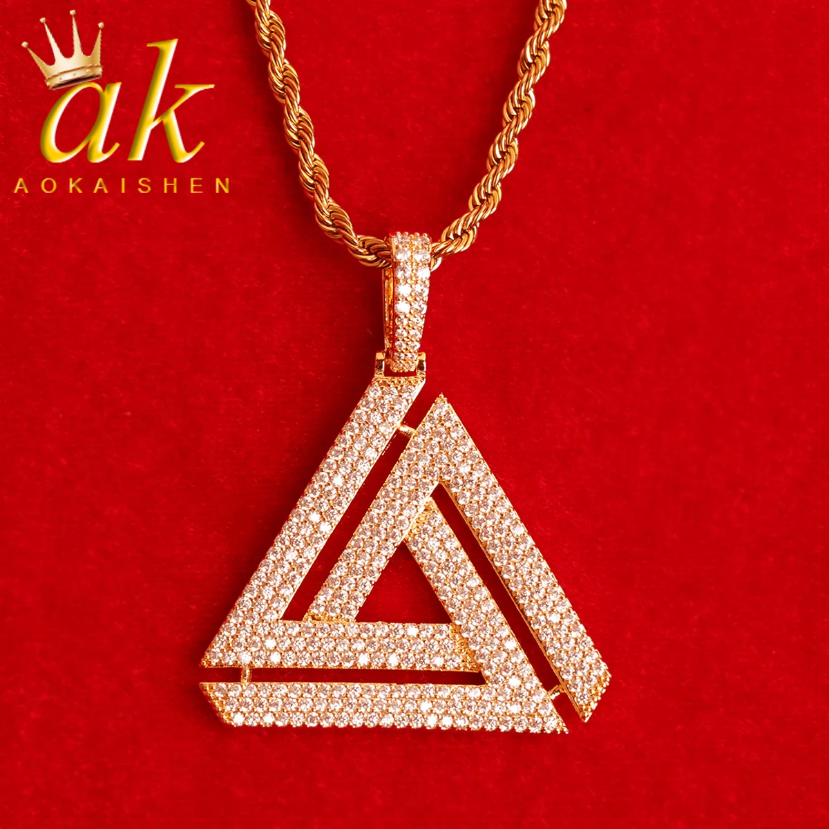 Aokaishen Iced Penrose Triangle Pendant Necklace for Men Real Gold Plated Hip Hop Jewelry