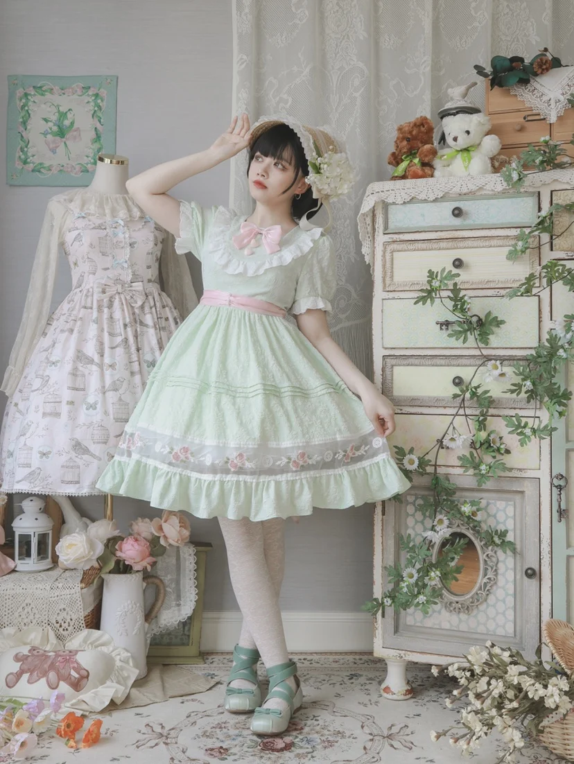 

Elegant Lolita dress Mid-Length Sweet Princess Dancing Party Slim Dresses Girly Cute Pastoral Style OP Short-Sleeved Dress