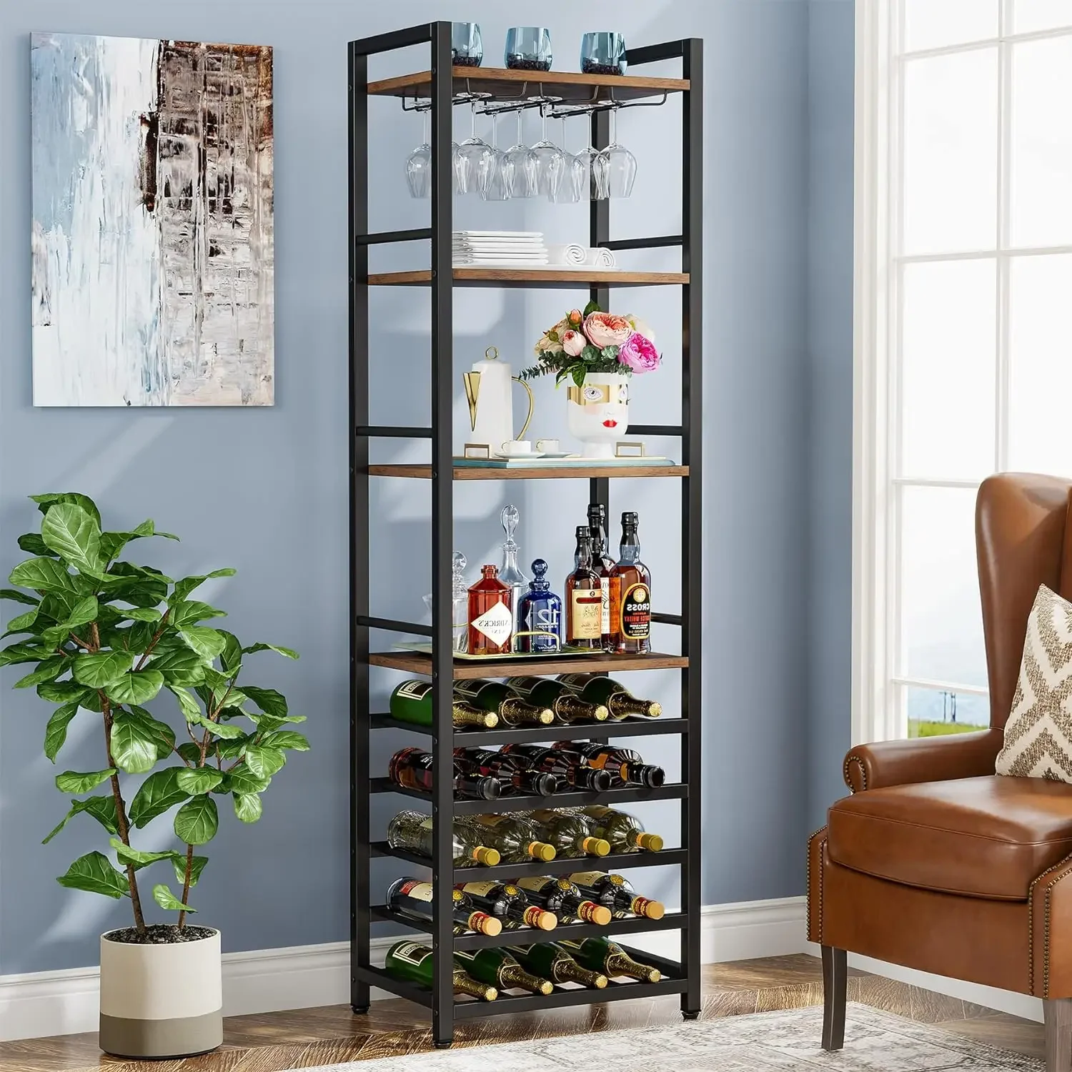 Tribesigns 20 Bottle Wine Bakers Rack, 9 Tier Freestanding Wine Rack with Glass Holder and Storage Shelves