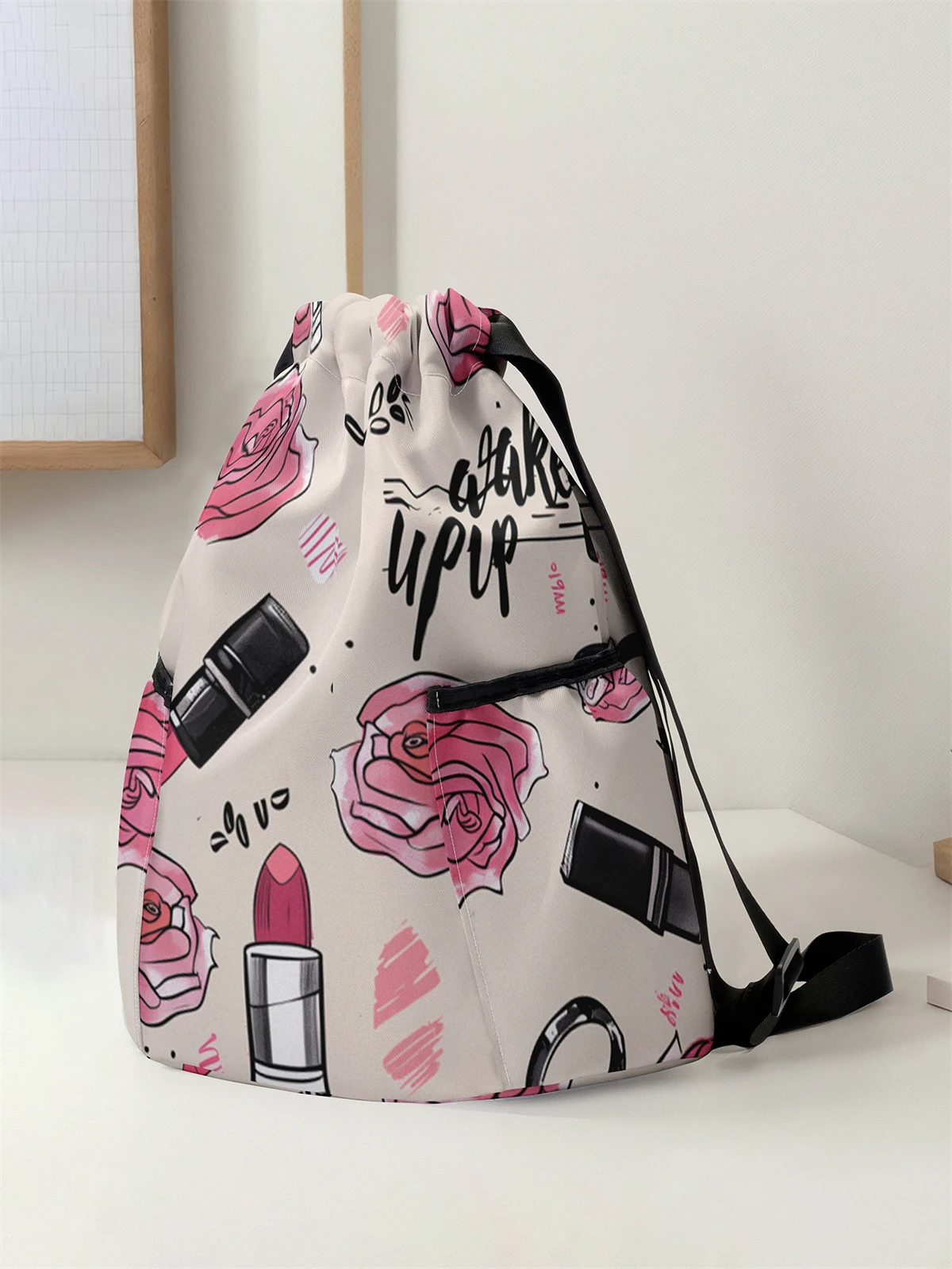 Rose Pattern Drawstring Backpack - Large Capacity Durable Fitness Bag, Adjustable Shoulder Strap, Sports Beach Backpack