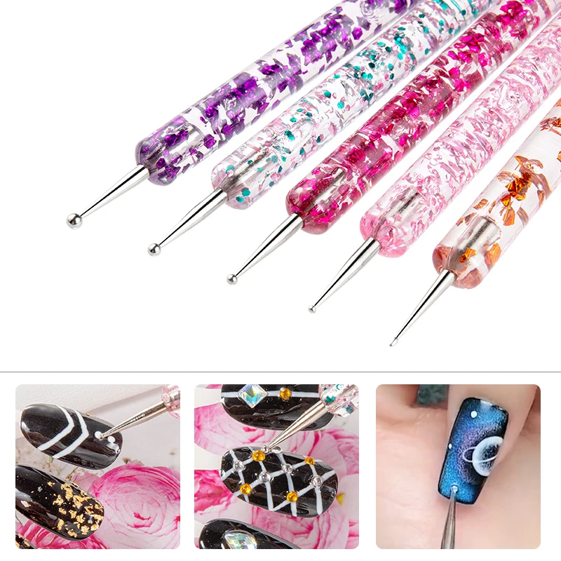 Description Picture 6 of item5pcs Dual-ended Nail Art Dotting Tool With Rhinestones Handle Gems Pens UV Gel Liner Flower Pattern Drawing Painting Brush Kits