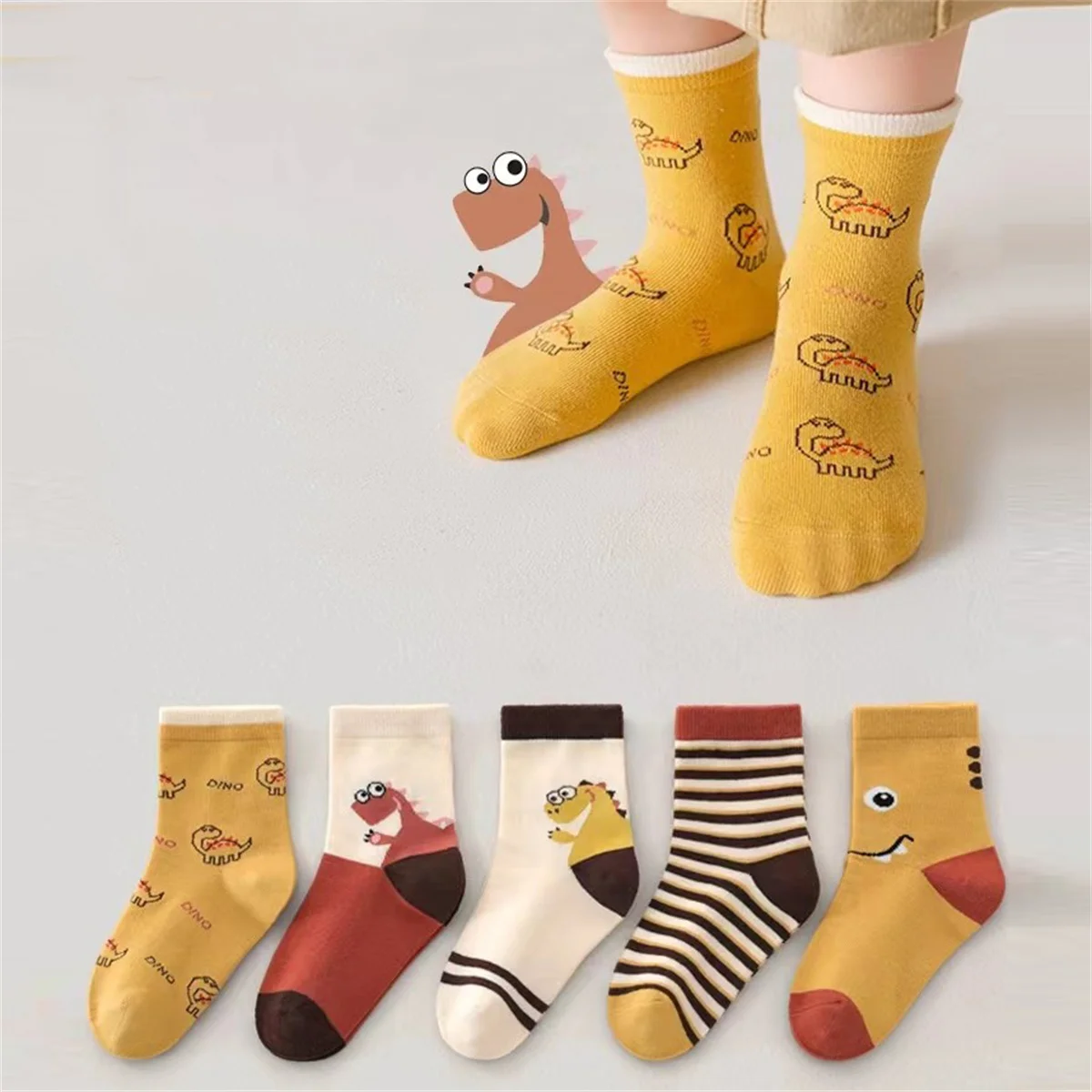 Kids Socks 5-Piece Set Autumn And Winter Cartoon Toddler Dinosaur Print Comfortable Stockings Casual Daily Socks All Seasons