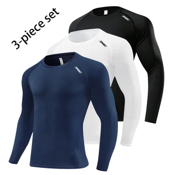 3 Pack Men's Compression Shirts Long Sleeve, Quick Dry Workout Base Layer, Breathable Athletic Running Gym T-Shirts for Fitness 1