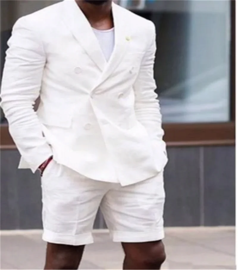 

Новинка, двубортные легкие свадебные мужские костюмы, короткие брюки, пиджак для шафера, для лета