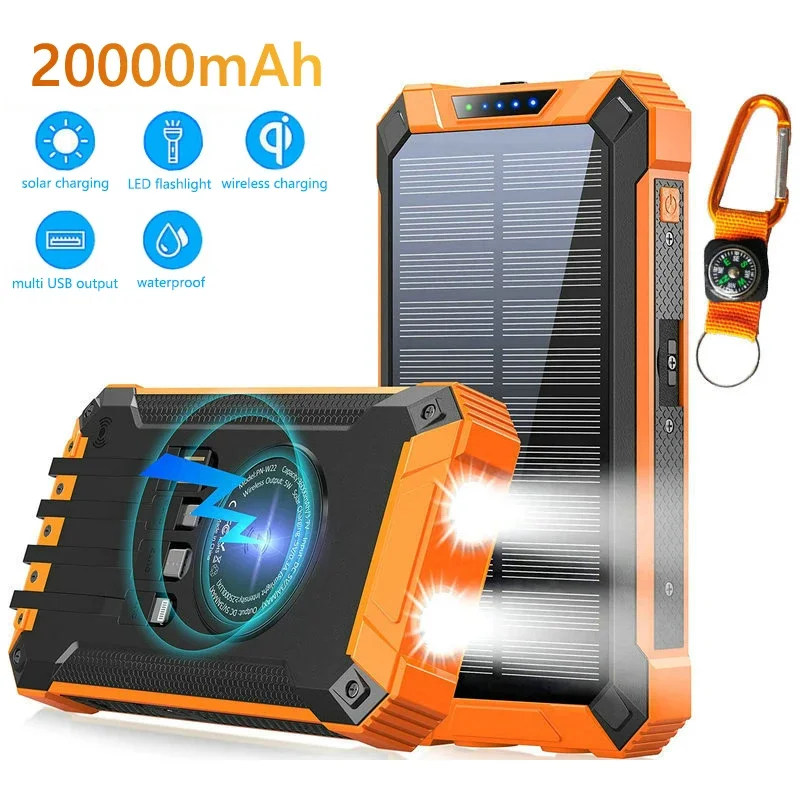 Banca Di Energia Solare Wireless Da 20000Mah Con Cavo Caricabatteria Esterno Per Iphone 14 Samsung Xiaomi Powerbank Con Luce A Led