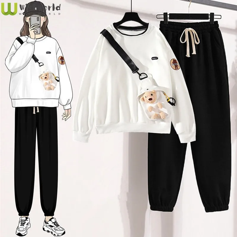 Overalls Women's Suit 2022 Early Spring New Student Korean Version Loose and Versatile Bear Sweater Leggings Two Piece Set spring and autumn women s suit 2023 new korean version loose two piece top casual overalls elegant women s two piece set