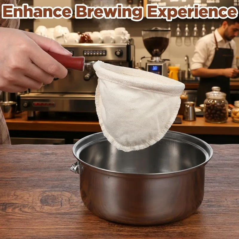 Reusable Flannel Coffee Filter Bag | Wooden Handle Pour Over Filter Cloth, Eco-Friendly Brewing Accessory for Rich Flavor