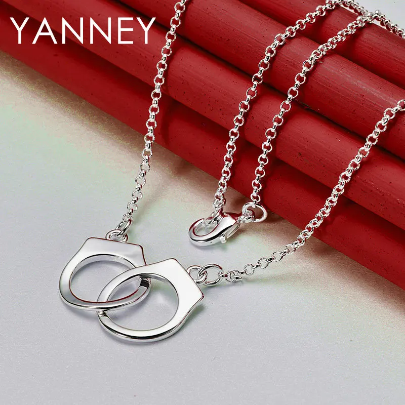 Fine 925 Sterling Silver 18 Inches Luxury Simple Handcuffs Necklace For Women Men Hip Hop Fashion Party Gift Jewelry Charm