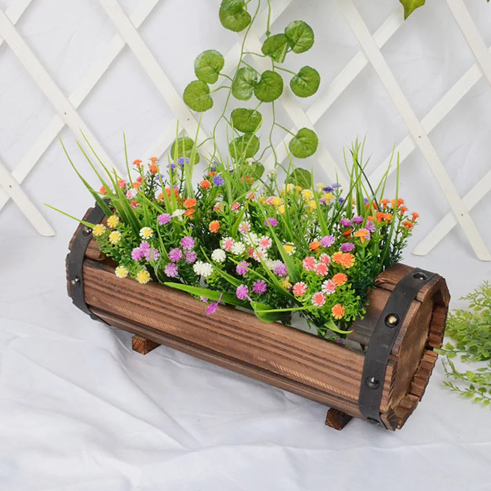 

2 PCS/Set Solid Wood Flowerpot Plants Container Half Barrel Planter Wooden Decorative Carbonized