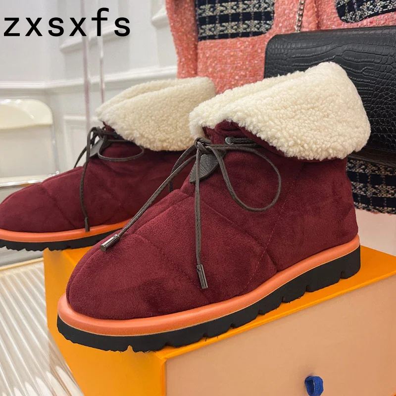 

Luxury Brand Wool Snow Ankle Boots For Women Winter Warm Lapel Flat Platform Fur Shoes Lace Up Flat Knight Boots Women