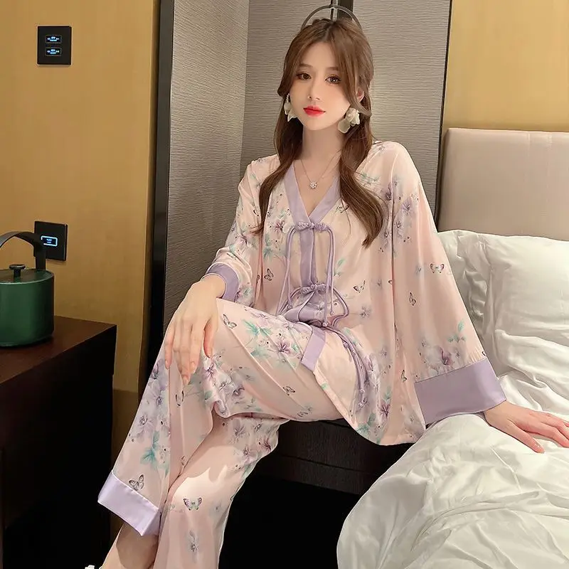 Women Ice Snow Silk Pajamas Spring Autumn Female Long Sleeve Thin Nightclothes Suit High-Grade Buckle Floral Casual Homewear
