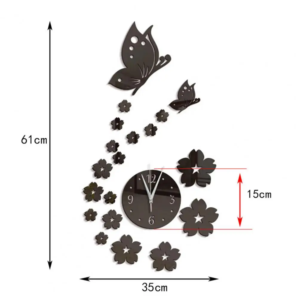 Wall clock self-adhesive battery operated long pointer 4 numbers silent 3D mirror butterfly plum blossom art clock 1 set