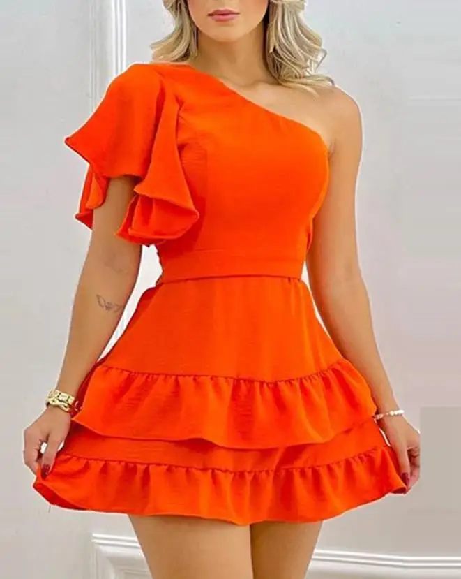 

Women's Dress 2024 Summer Fashion Daily Solid One Shoulder Short Sleeve Ruffle Hem Diagonal Collar Casual A Line Mini Dress