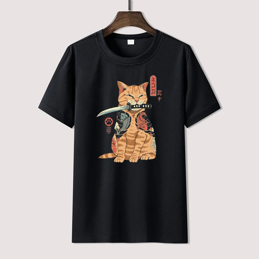 

New Sleeve Cat Print Anime shirt Japanese T Shirt For Men Limitied Edition Unisex Brand T-shirt Cotton Amazing Short Sleeve Tops