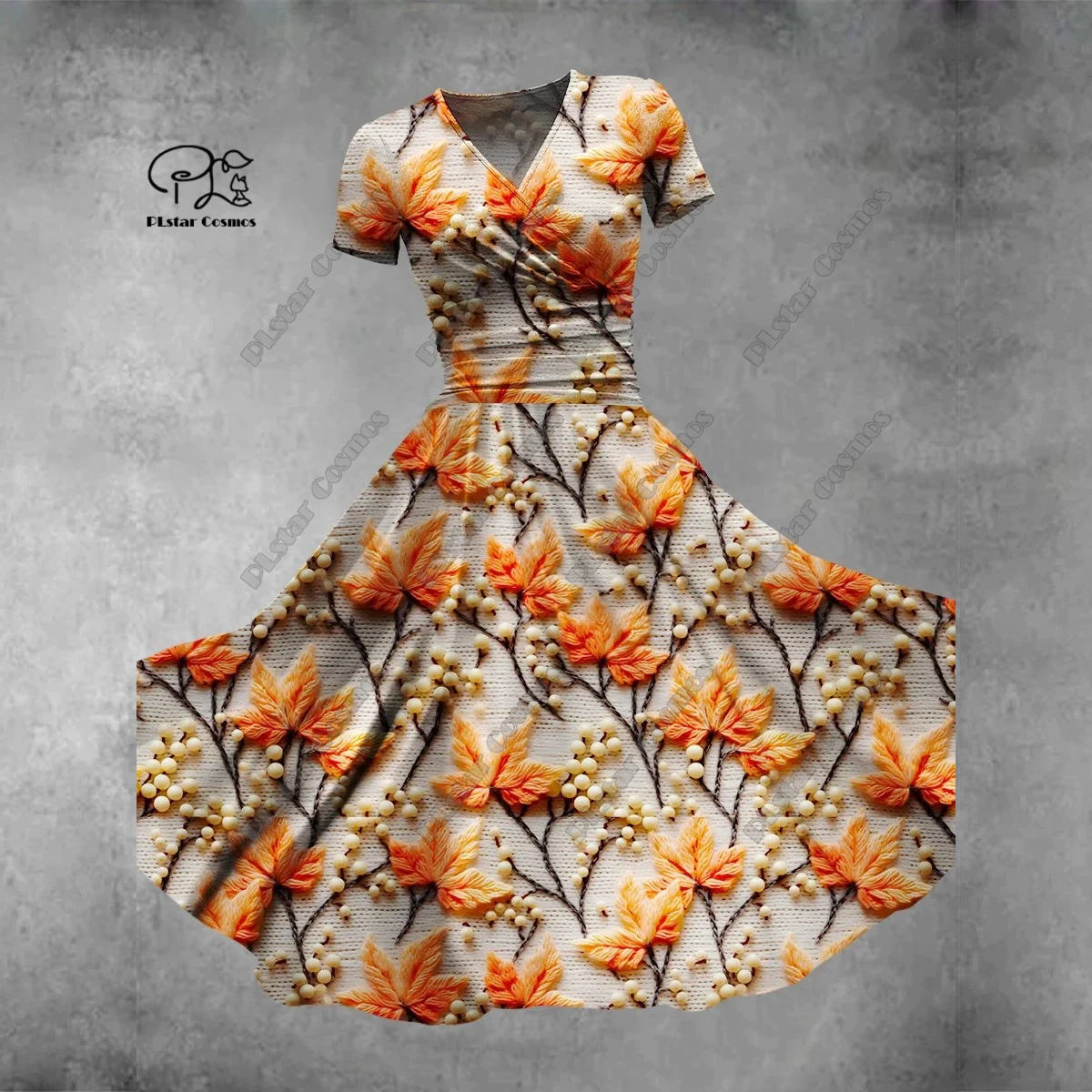 

PLstar Cosmos 3D printed new floral gradient series V-neck short-sleeved dress A-line long dress summer casual fashion S-10