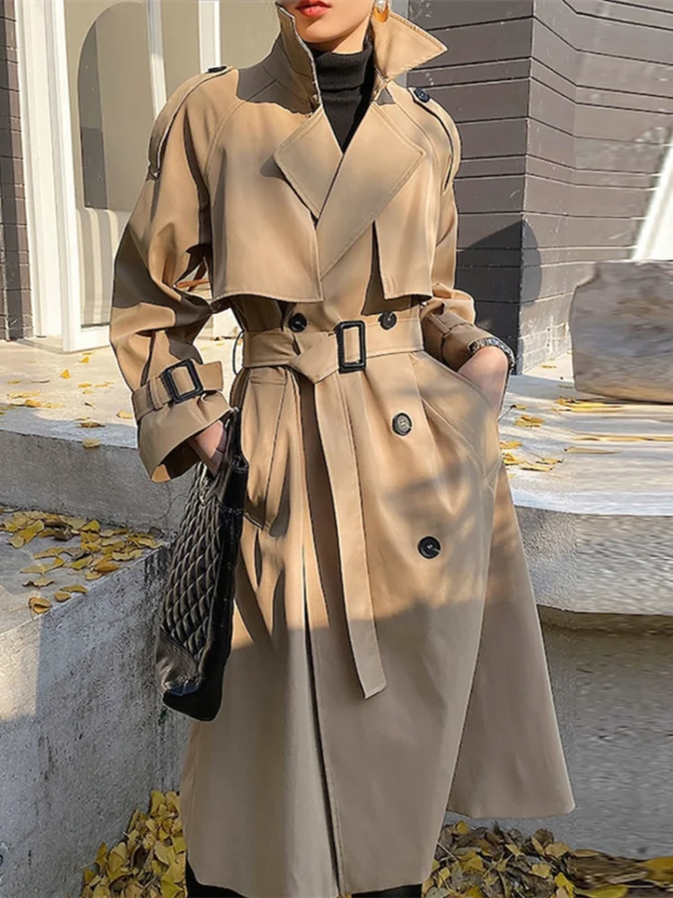 

Женская винтажная Ветровка цвета хаки, элегантная двубортная куртка с поясом, повседневная куртка с V-образным вырезом для осени и зимы