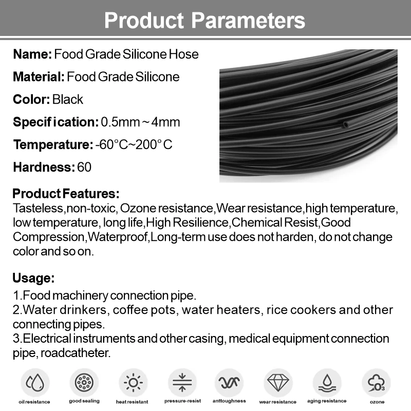 Premium Food-Grade Black Flexible Silicone Rubber Hose - Multiple Inner Diameters Available