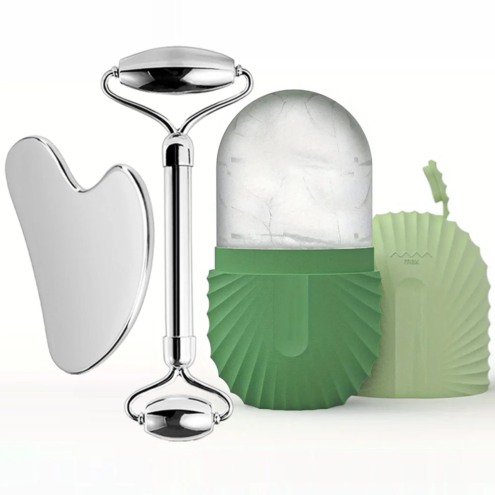 Enhanced Facial Skincare Ice Roller and Gua Sha Set with Stainless Steel Massage Tools