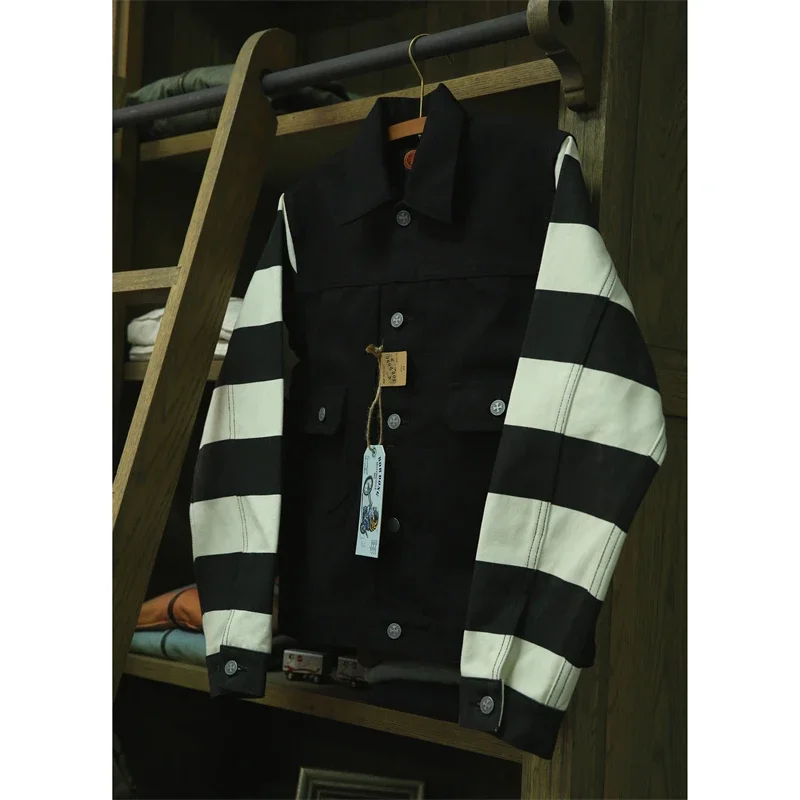 BOB DONG Black White Stripes 507XX Canvas Jacket Vintage Rugged Style Biker Coat Men 2