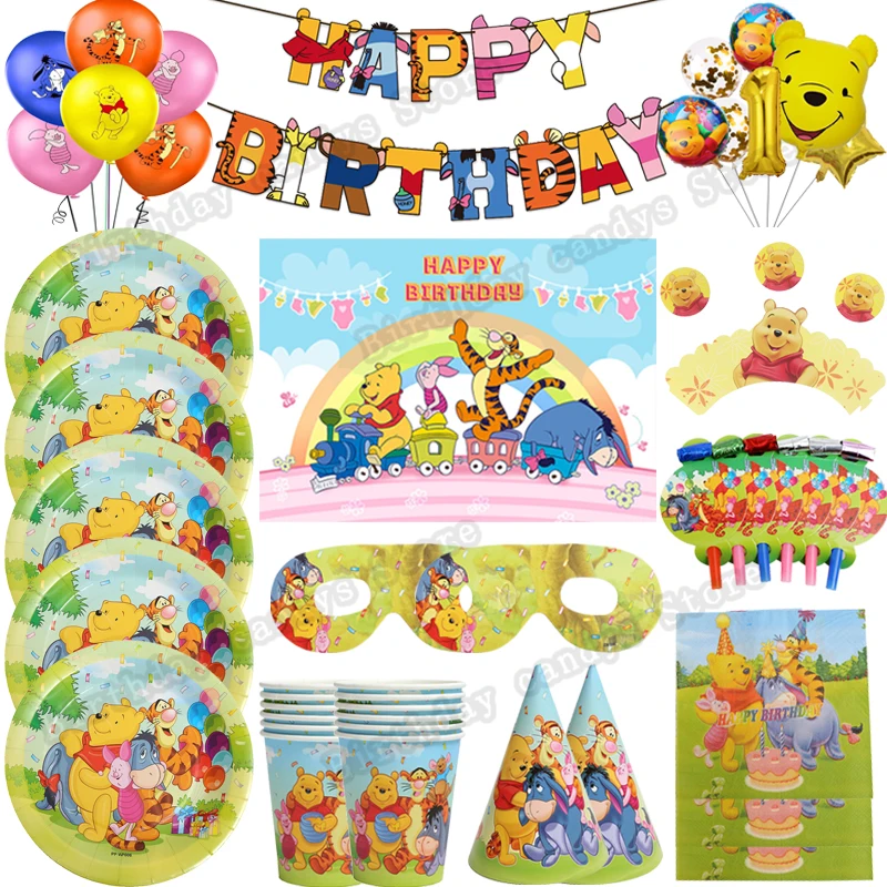 

D-H Winnie the Pooh Theme birthday party decoration supplies tableware set Baby Shower supplies cups dish straw tablecloth