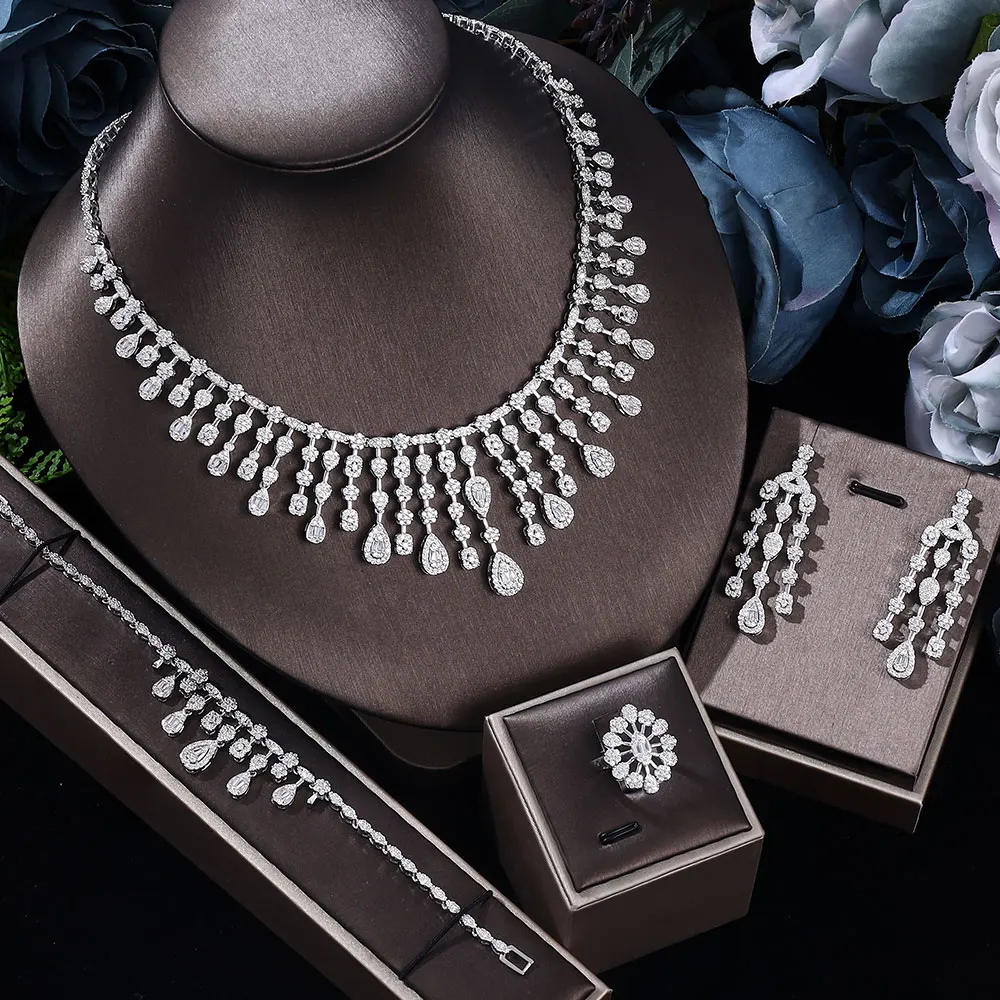 

Famous Brand 4pcs Bridal Zirconia Full Jewelry Sets For Women Party, Dubai Nigeria CZ Crystal Wedding Jewelry Sets