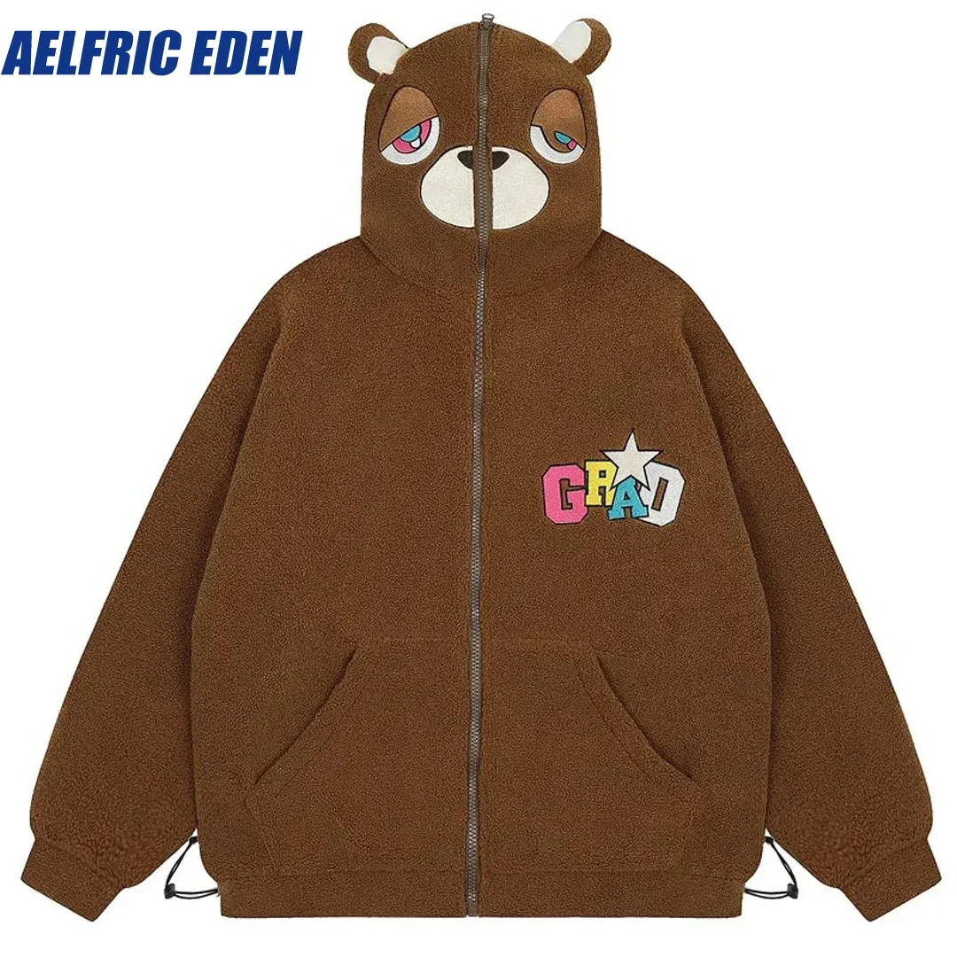 

Aelfric Eden Plush Teddy Bear Jacket Ears Men Streetwear Embroidery Full Zip Up Fuzzy Fleece Lamb Wool Fluffy Thick Warm Coats