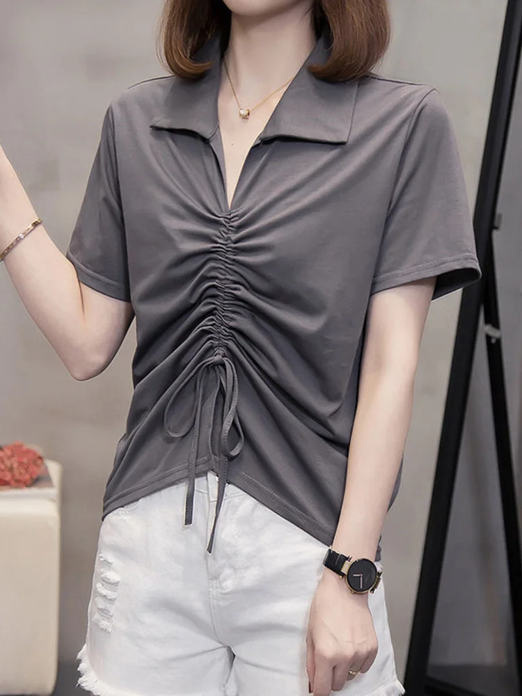 

Oversize Draw String Chic T-shirt women Summer fashion Korean Short Sleeve Large Tshirt v-neck tees Tops