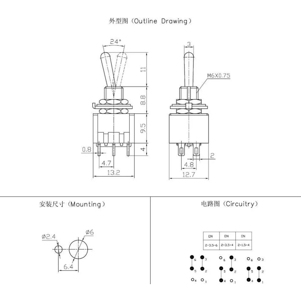 Locking Toggle Switch 10PCS ON ON 3 Position DPDT 6MM Guitar Mini Rocker For Car Motorcycle