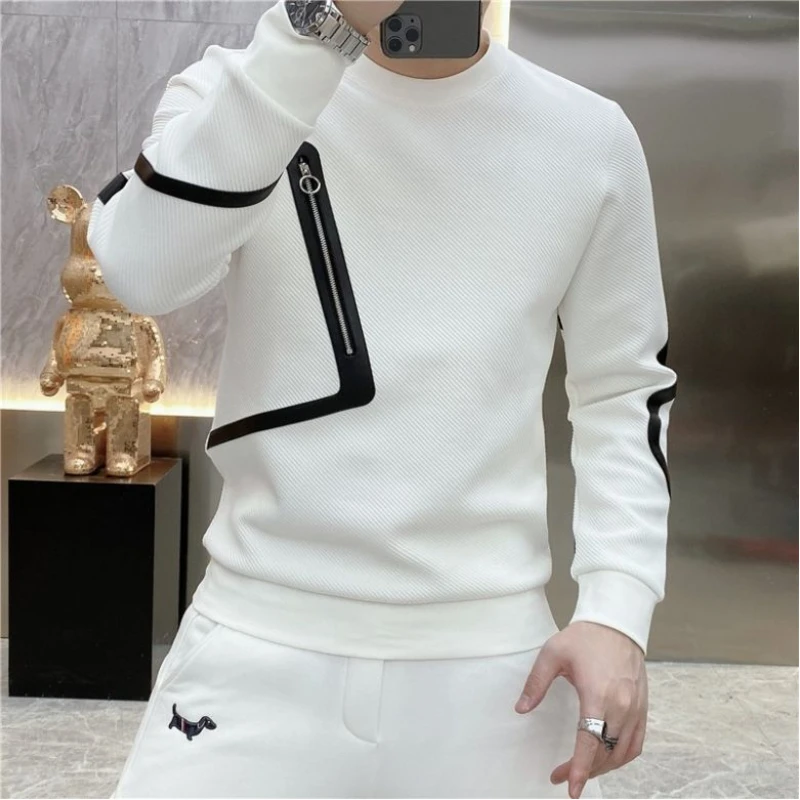 Korean Fashion Trend Autumn New Sweatshirts Men O-Neck New Zipper Jacquard Weave Youthful Vitality Casual Loose Loog Sleeve Tops 2