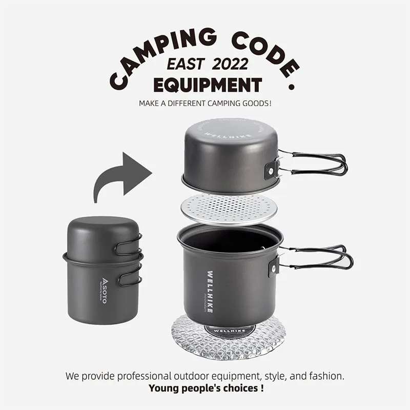 WELLHIKE Portable Ultralight Camping Set Pot 1 Person Foldable Backpack Cooking Set Outdoor Hiking Picnic Camping Tableware