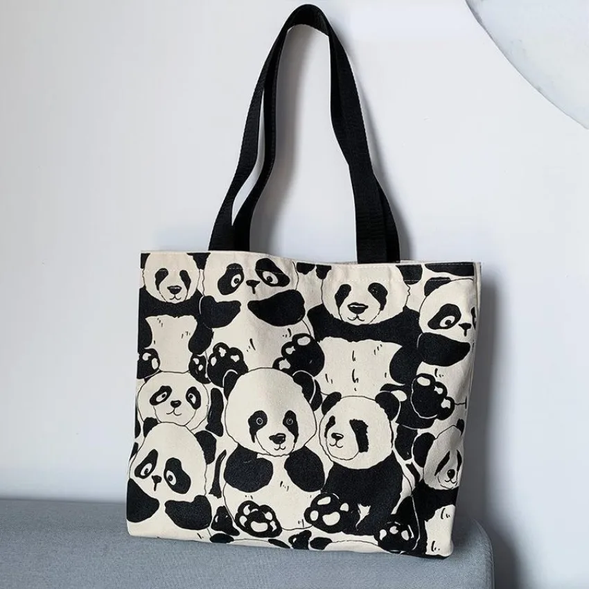 Canvas Bag Women's Shoulder Chinese Style High Capacity Zipper Canvas Bag Portable Shopping Bag Double Cute Panda Sided Printing Canvas Bag Women's Shoulder Chinese Style High Capacity Zipper Canvas Bag Portable Shopping Bag Double Cute Panda Sided Printing