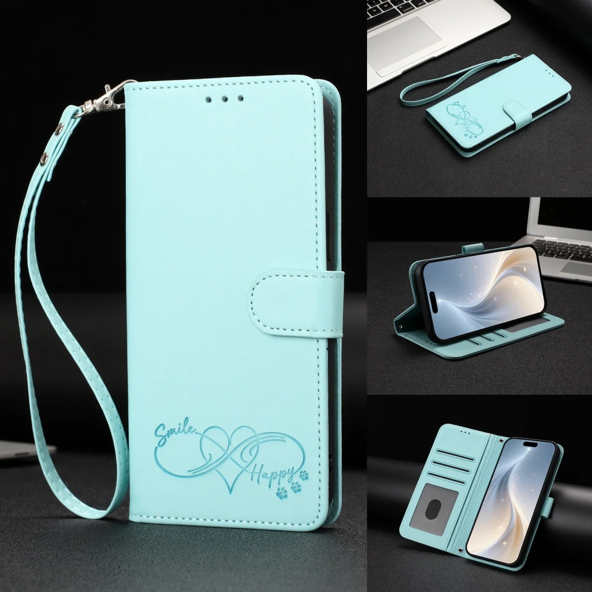 Leather Stand Wallet Phone Case with Card Holder and Strap