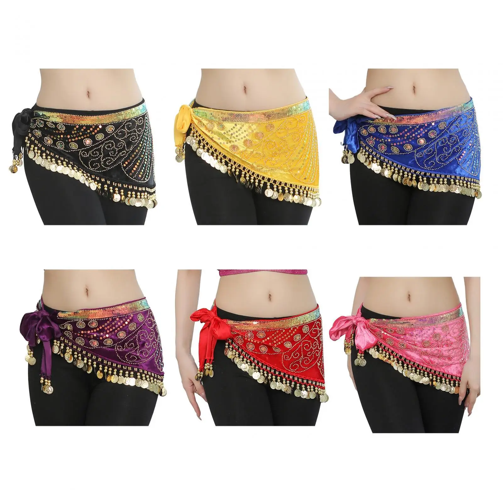 

Belly Dance Hip Scarf Wrap Sparkly with Dangling Gold Coins Shiny Sequins Skirt for Rumba Performance Tango Latin Dance Festival