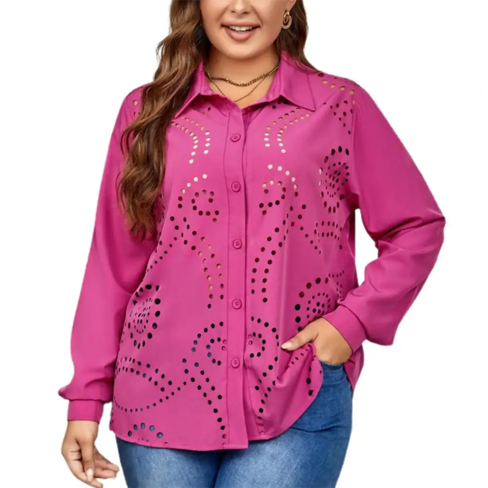 

Women Long Sleeve Cutout Top Elegant Plus Size Women's Hollow Out Long Sleeve Cardigan Blouse with Turn-down Collar for Fall